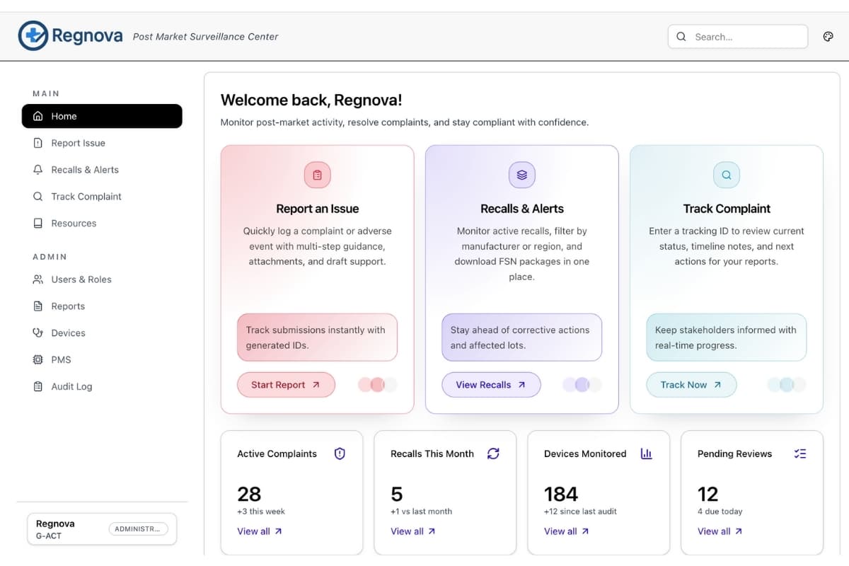 Regnova PMS portal overview